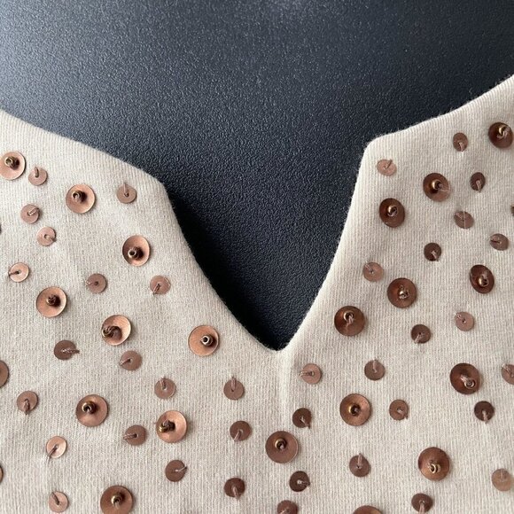 V-Neck Copper Sequins Detail Embellishment Tan 3/4 Sleeve Top Women’s S COASTAL - Picture 4 of 10